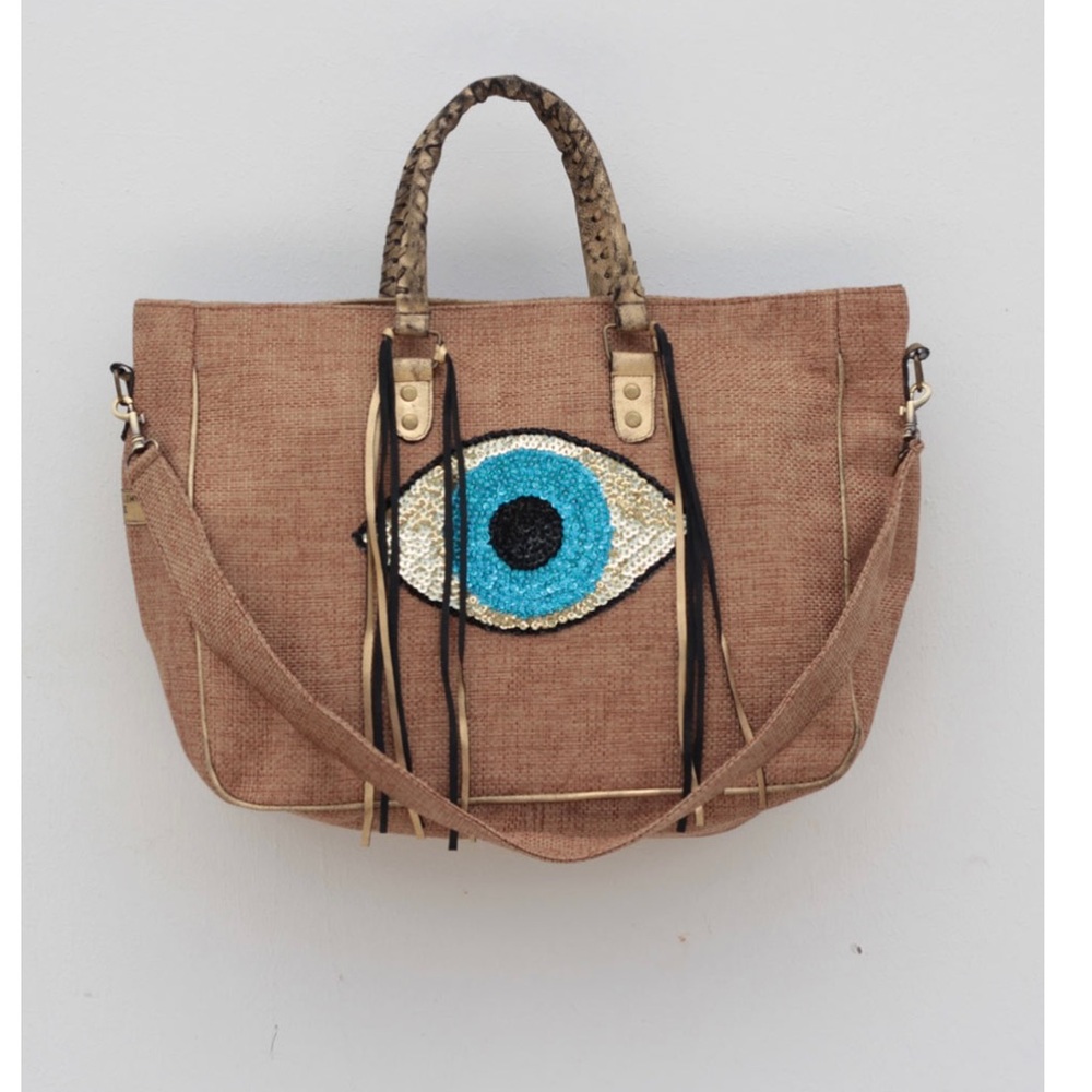 St. Barthalemy Rose Brown Tote/Beach Bag with Blue Evil Eye Design